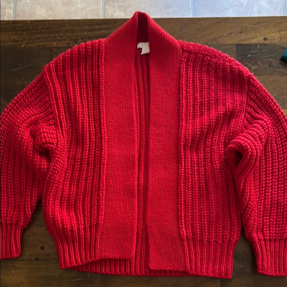 H&M Red Cardigan Sweater with Ribbed Knit Design
